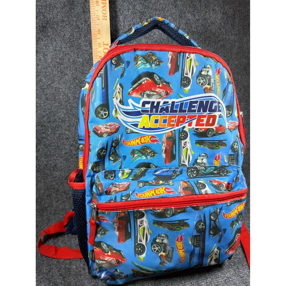Hot Wheels Challenge Accepted Kids Blue Backpack Car Print School Bag Red Trim